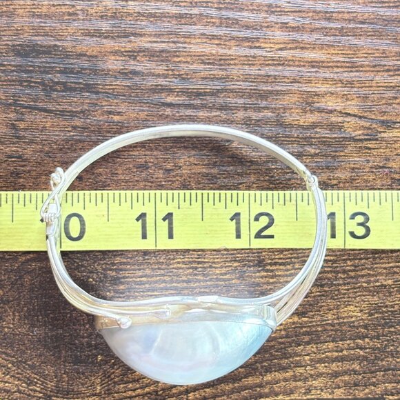 VTG Sterling Silver 925 Large Gray Mobe Pearl Hinged Bangle Bracelet Size L - Picture 9 of 11